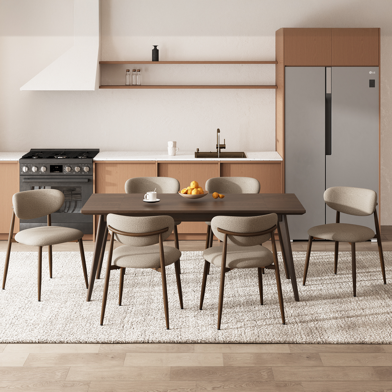 Cucina moderna con tavolo da pranzo in legno, sei sedie e mobili grigi.
