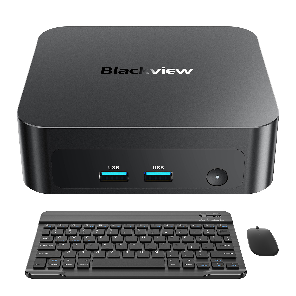 Ein grauer Blackview Mini-PC mit zwei USB-Anschlüssen, dazu eine passende schwarze Tastatur und eine kabellose Maus.