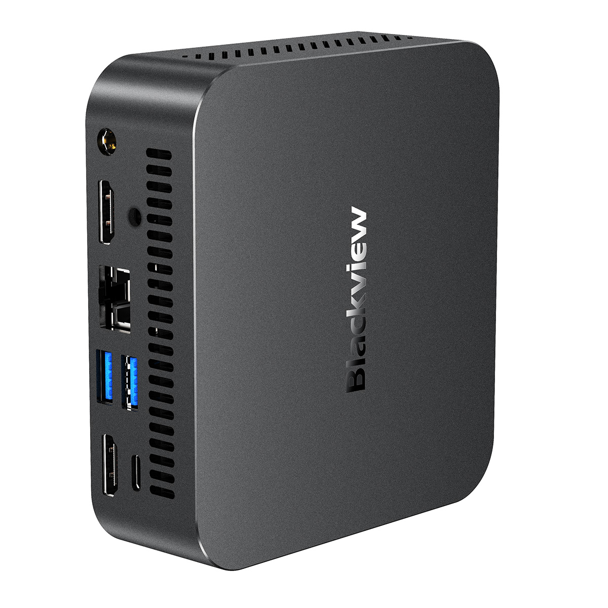 Ein schwarzer Mini-PC mit Blackview-Logo an der Seite, der verschiedene Anschlüsse und Lüftungsschlitze zeigt.
