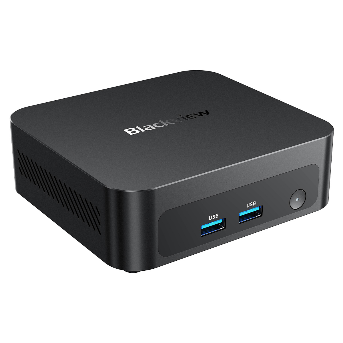Schwarzer Blackview Mini-PC mit zwei USB-Anschlüssen auf der Vorderseite und Markenlogo oben.