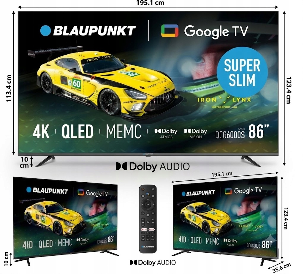 Blaupunkt 4K QLED Google TV z wymiarami, pilotem i żółtym samochodem wyścigowym na ekranie.