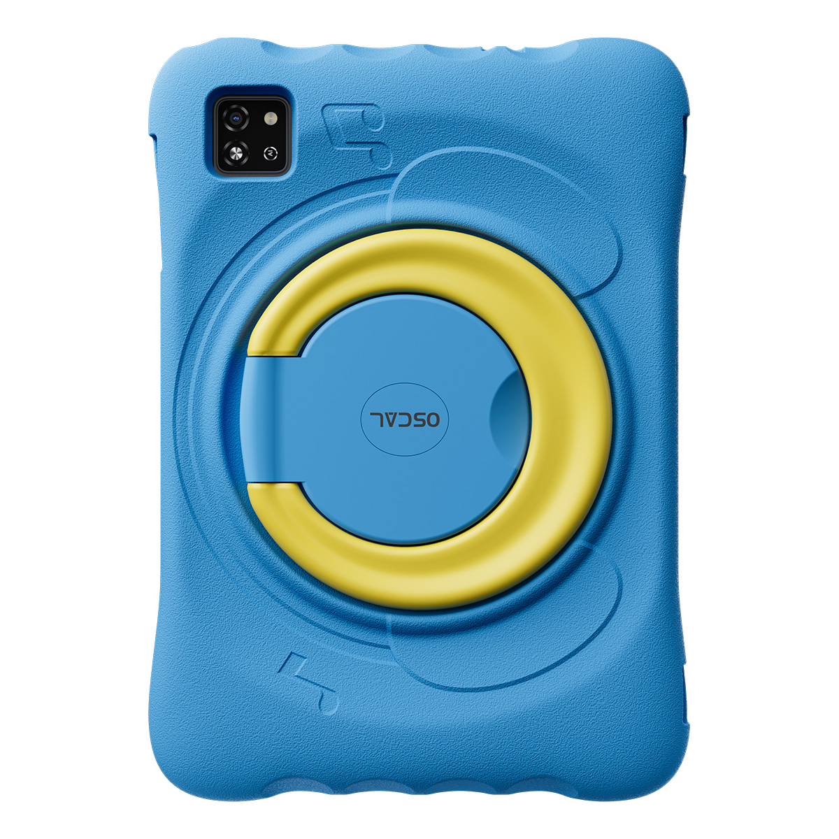 Funda protectora azul para tablet infantil con soporte de anillo amarillo y recorte para cámara.
