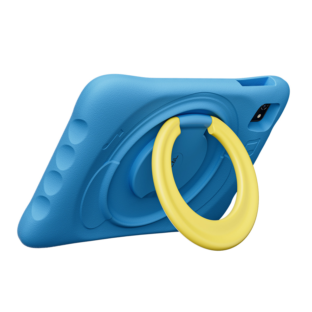 Funda de tablet azul con soporte amarillo sobre fondo blanco.