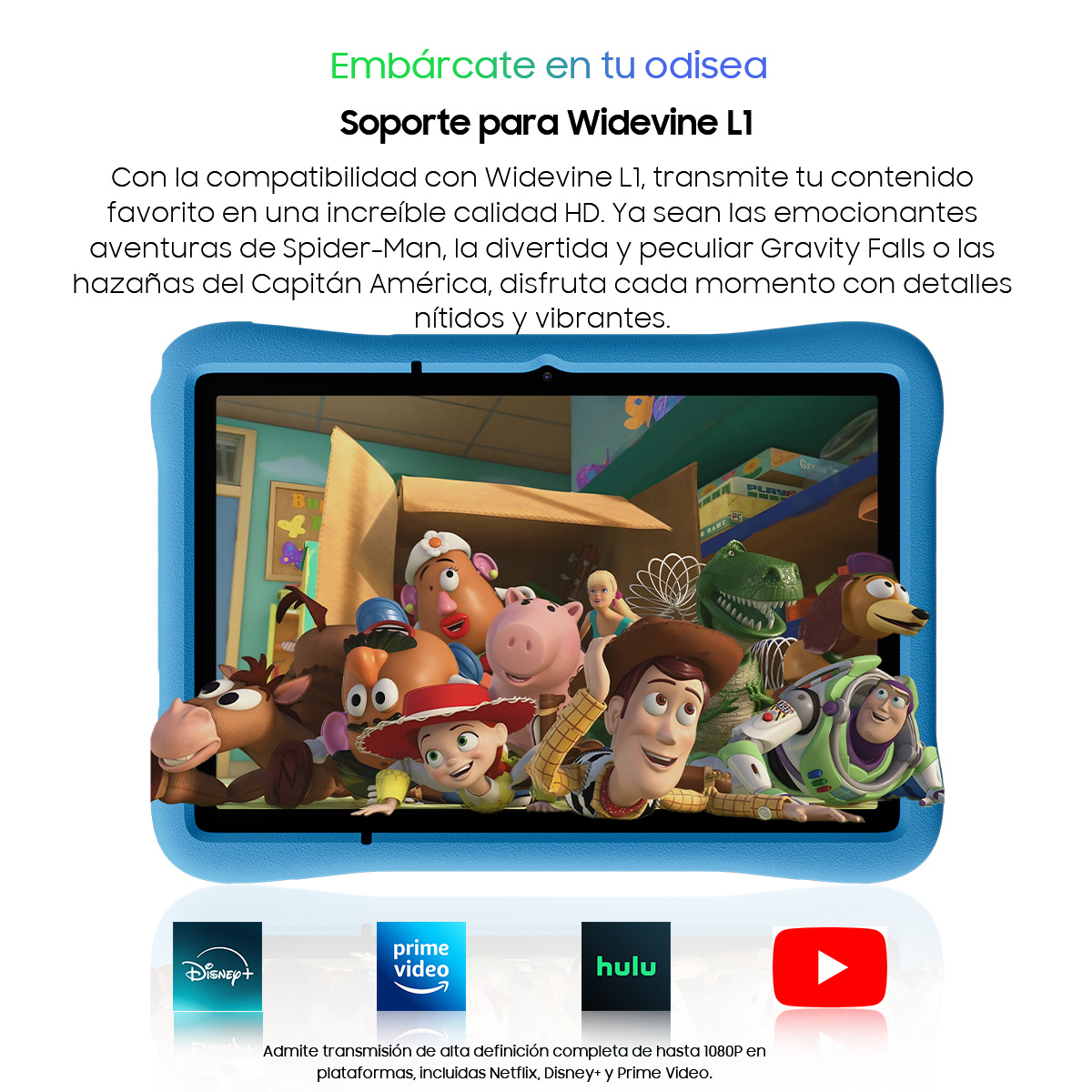 Tablet con funda azul mostrando personajes de Toy Story en pantalla y logos de streaming abajo.