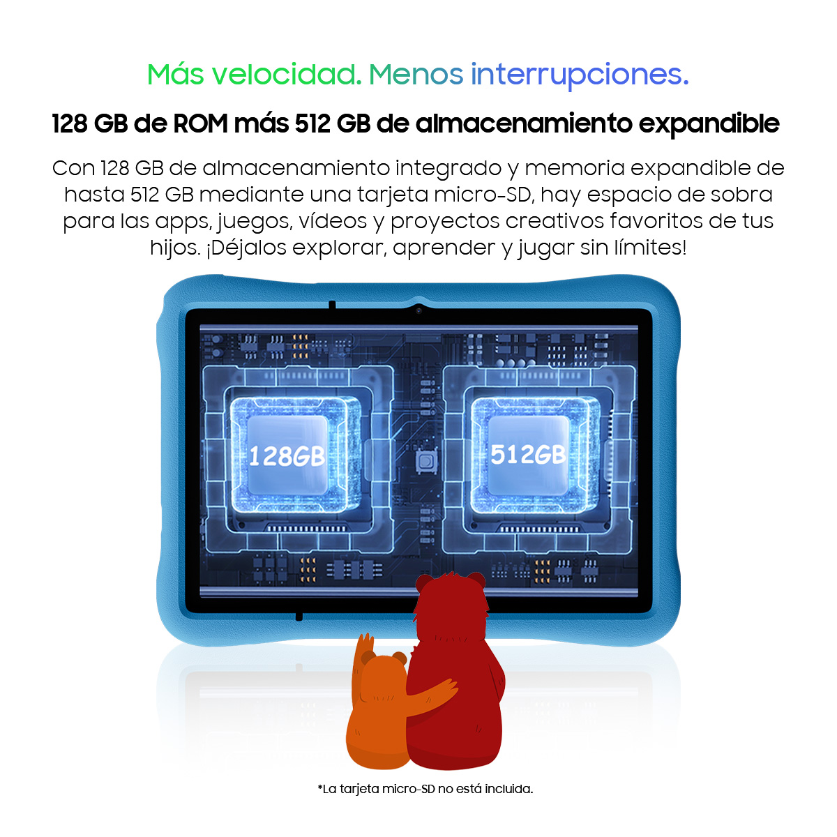 Una tableta con funda protectora muestra 128GB y 512GB de memoria, con dos ositos enfrente.