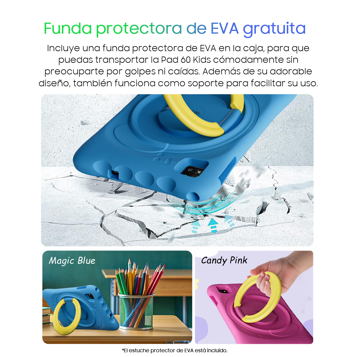 Funda protectora de EVA azul con soporte amarillo, que ofrece protección.