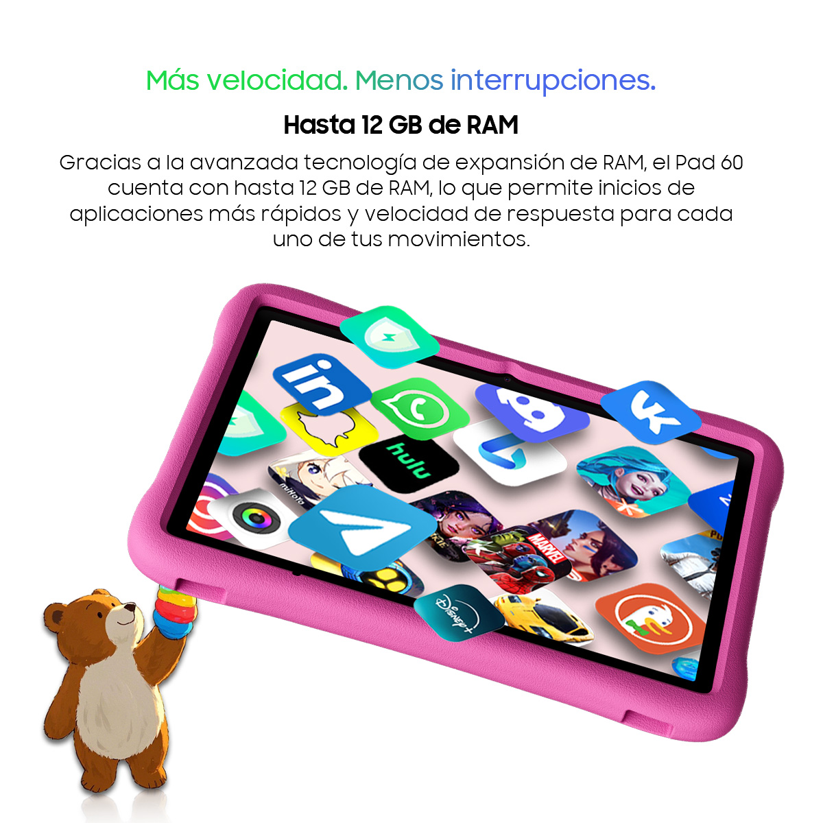 Una tableta rosa con iconos de aplicaciones volando, sostenida por un pequeño oso de dibujos animados.