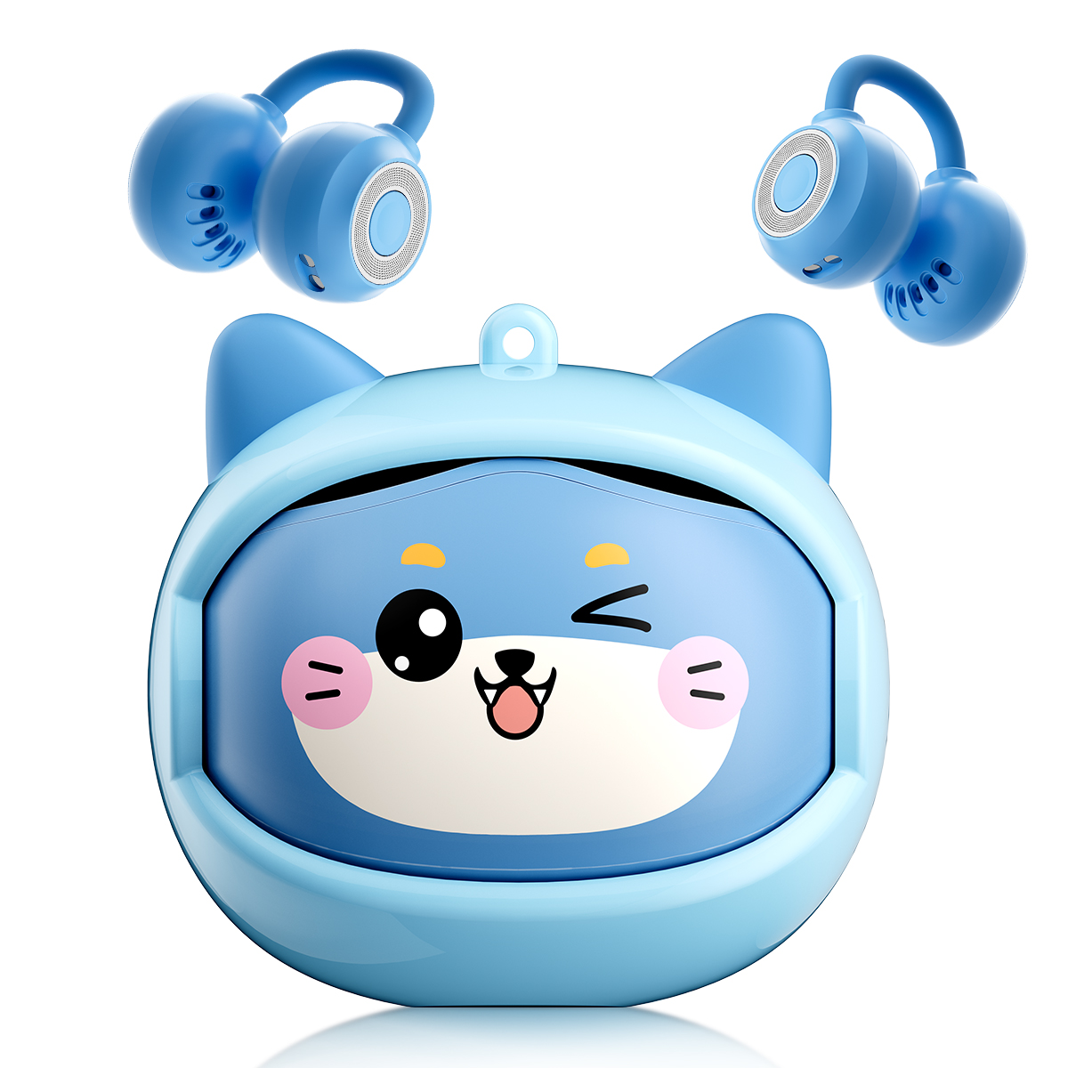 Auriculares inalámbricos azules con un tierno estuche de gato.