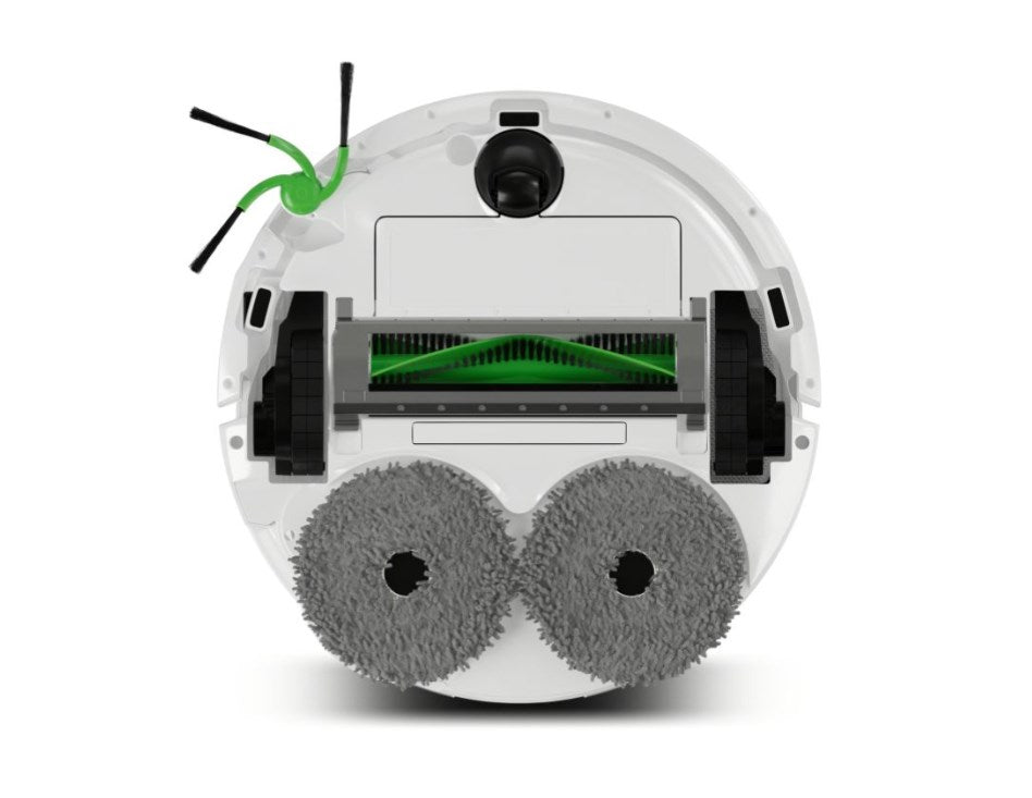 Vista inferior de un robot aspirador blanco con dos mopas grises, un cepillo de rodillo verde, ruedas y un cepillo lateral.