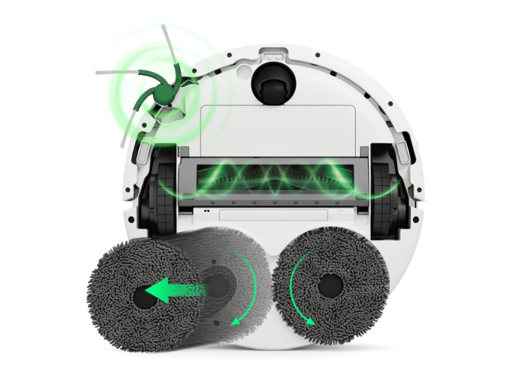 Vista inferior de un robot aspirador blanco con almohadillas de mofeta giratorias y líneas verdes.