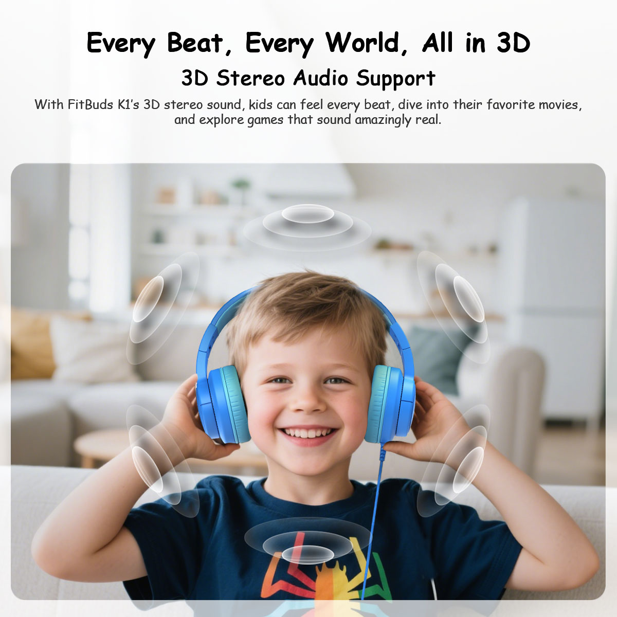 Un niño feliz con auriculares azules, rodeado de ondas sonoras visuales en una sala luminosa.