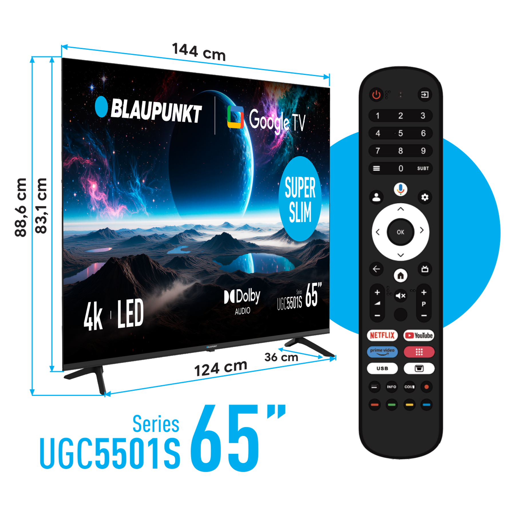 65-calowy telewizor Blaupunkt 4K LED Google TV z wymiarami, etykietą Super Slim i czarnym pilotem na niebieskim tle.