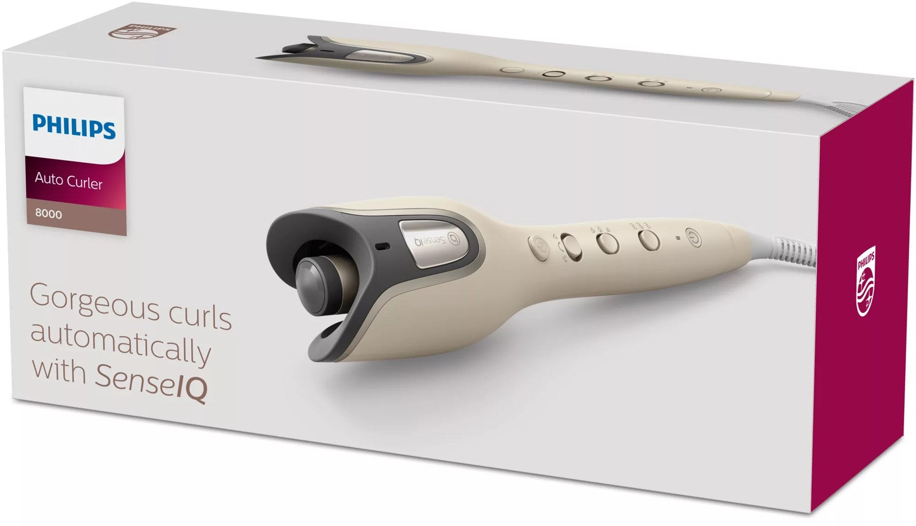 Eine weiße Philips Auto Curler Schachtel mit dem beigen und grauen Lockenstab mit SenseIQ-Technologie.
