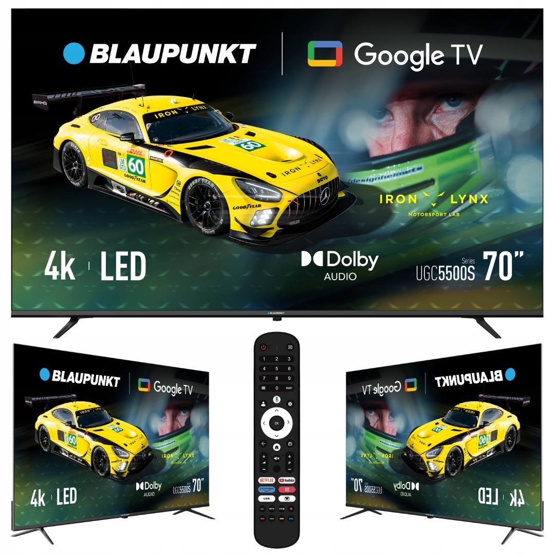 Telewizor Blaupunkt 4K LED Google TV z żółtym autem wyścigowym, pokazany z przodu, pod kątem i z pilotem.