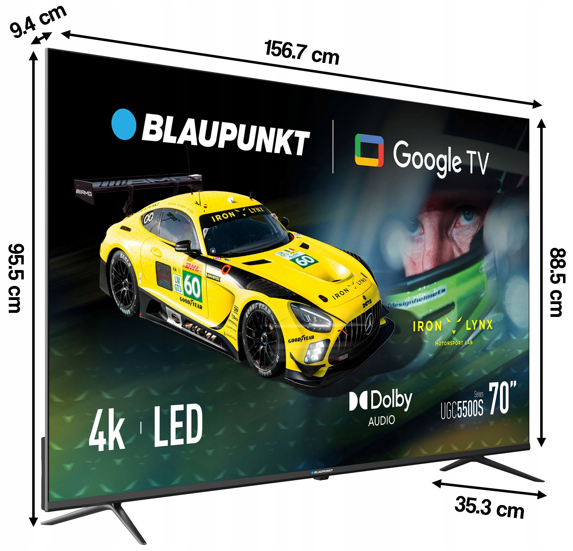 70-calowy telewizor Google TV LED 4K firmy Blaupunkt z żółtym samochodem wyścigowym.