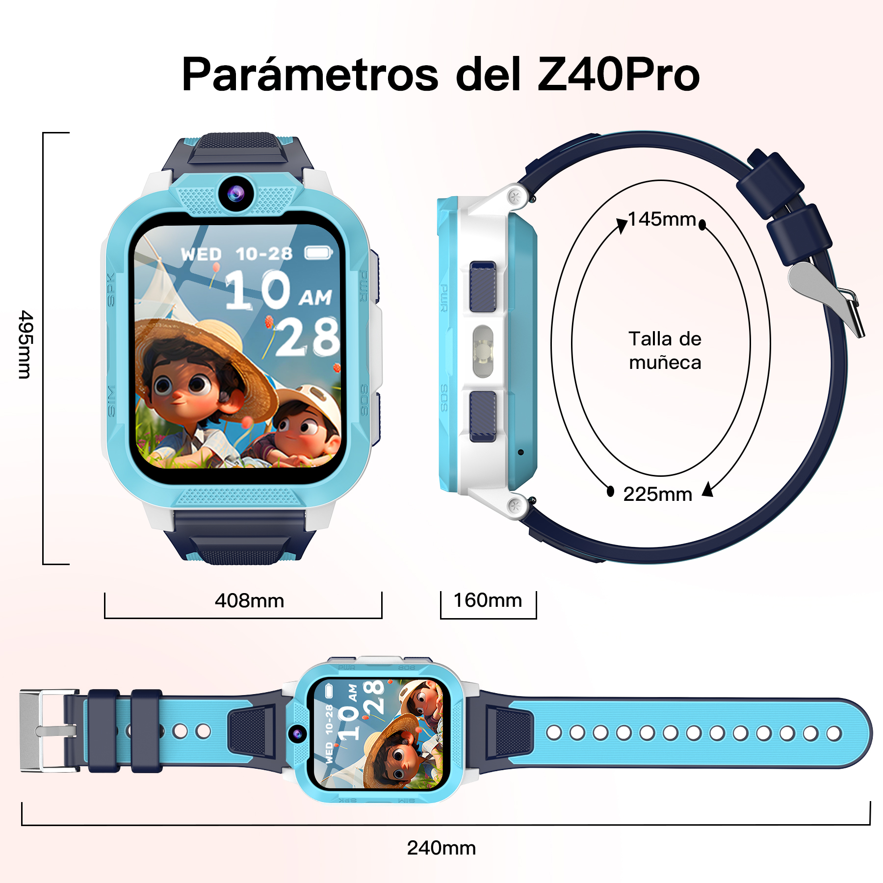 Diagrama que muestra dimensiones y características del reloj inteligente para niños Z40Pro.