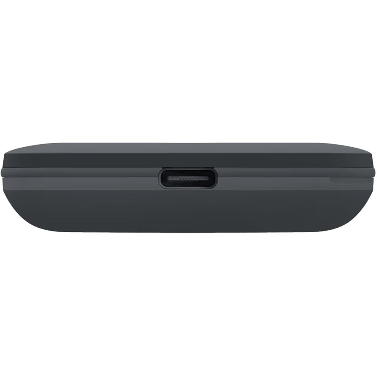 Eine dunkelgraue Ladeschale mit einem zentralen USB-C-Anschluss auf der Unterseite gegen einen weißen Hintergrund.