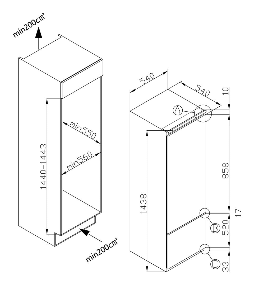 Technische Zeichnung mit Maßangaben für den Einbau eines Schranks.