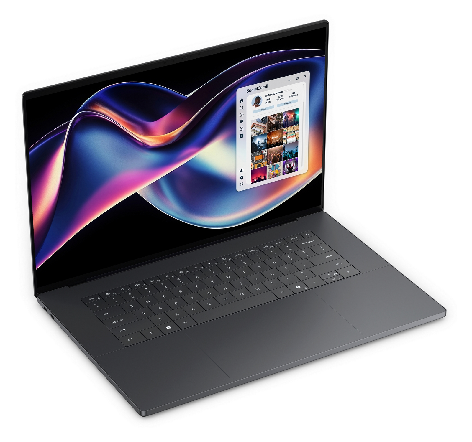 Un elegante laptop scuro mostra uno sfondo astratto, vibrante e colorato e una finestra di un'app.