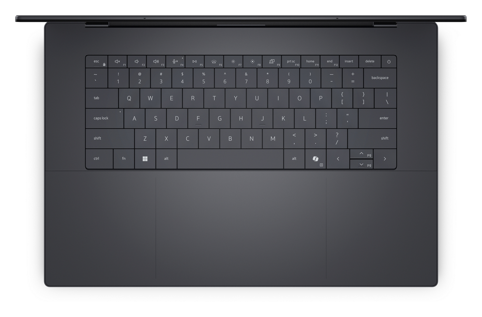 Vista dall'alto di un computer portatile nero con tastiera e touchpad.