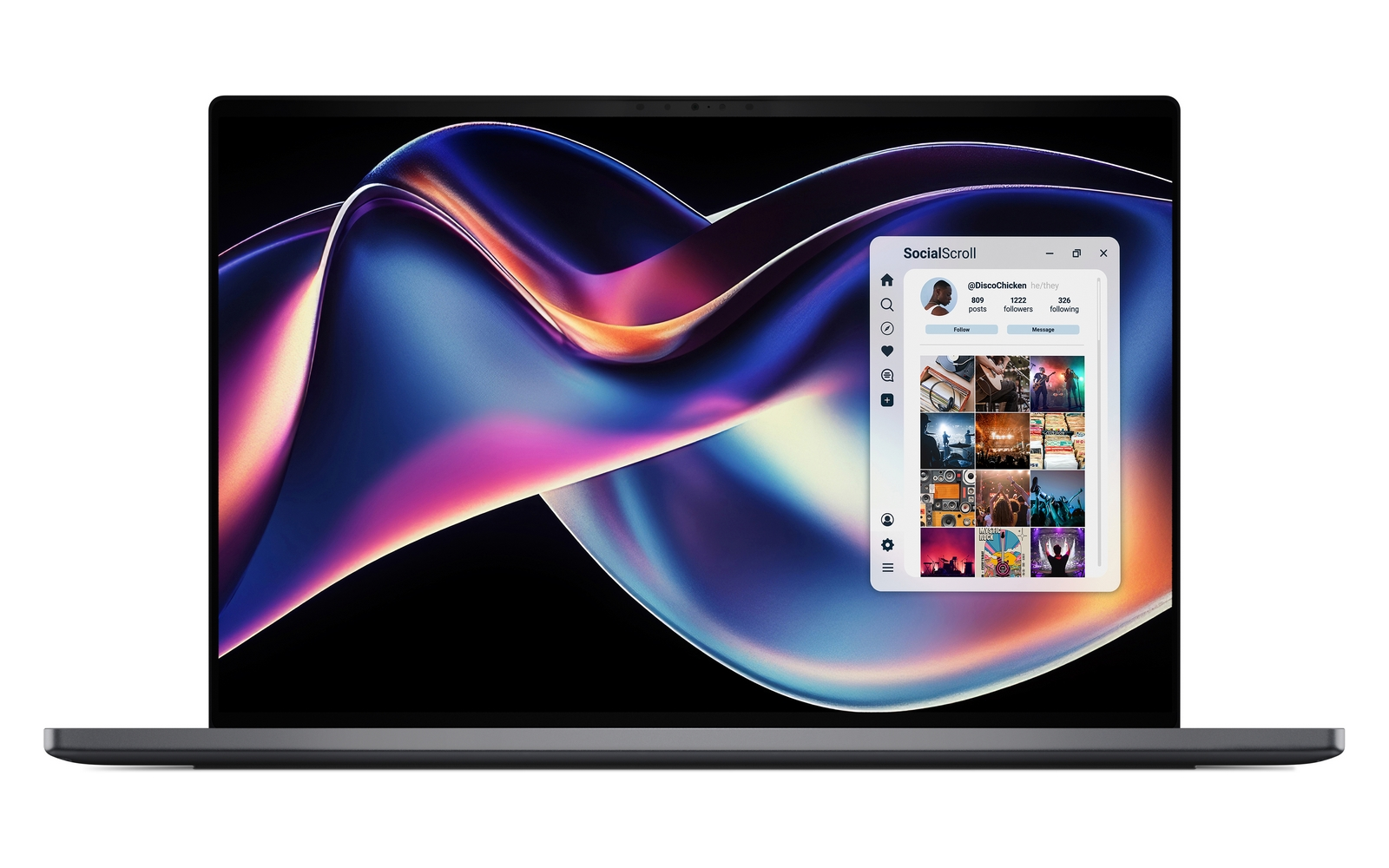 Un computer portatile mostra uno sfondo astratto e colorato con la finestra di un'app.