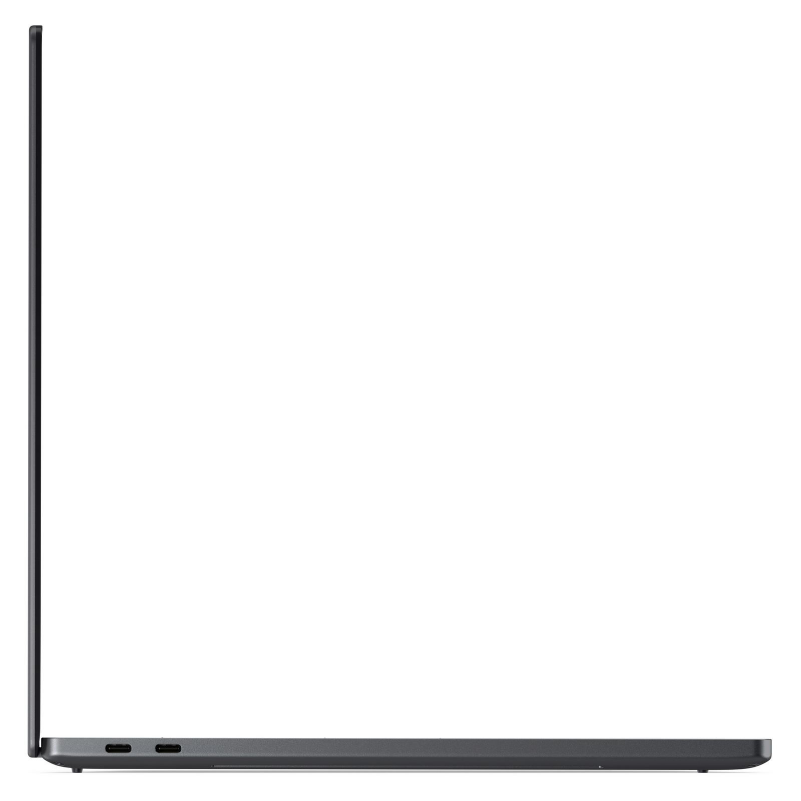 Profilo del lato sinistro di un laptop scuro chiuso su sfondo bianco, con due porte USB-C.