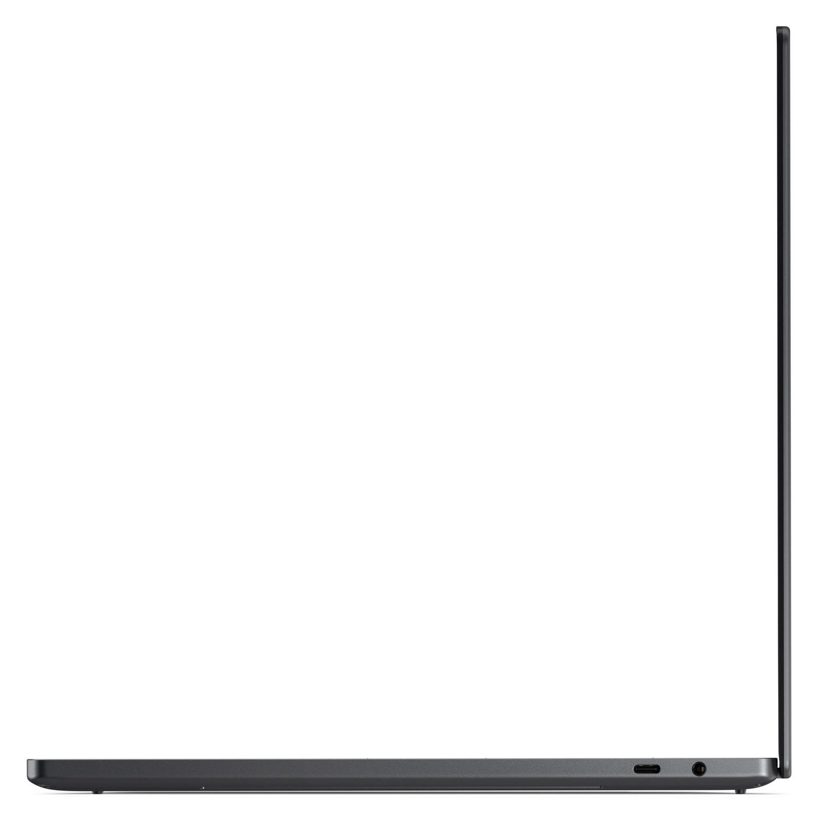 Vista laterale di un laptop scuro chiuso su sfondo bianco con porte visibili.