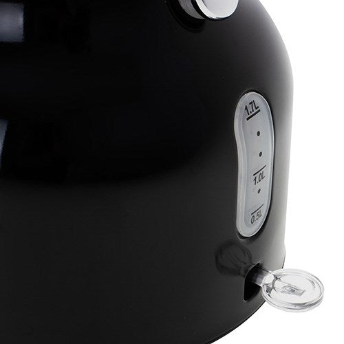 Bouilloire électrique noire brillante avec indicateur de niveau d'eau et interrupteur.