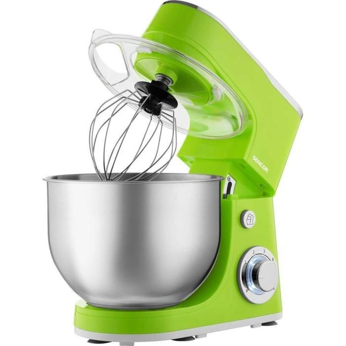 Impastatrice verde con ciotola in acciaio inox e frusta.