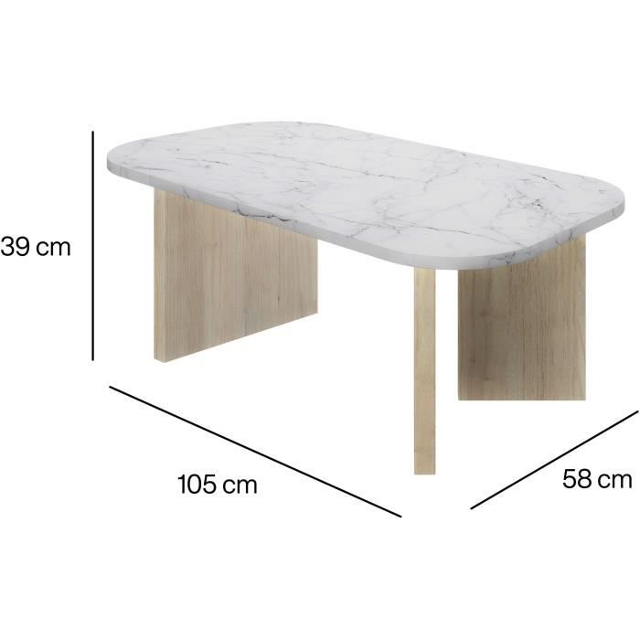 Marmor-Couchtisch mit holzfarbenen Beinen und Abmessungen in cm.