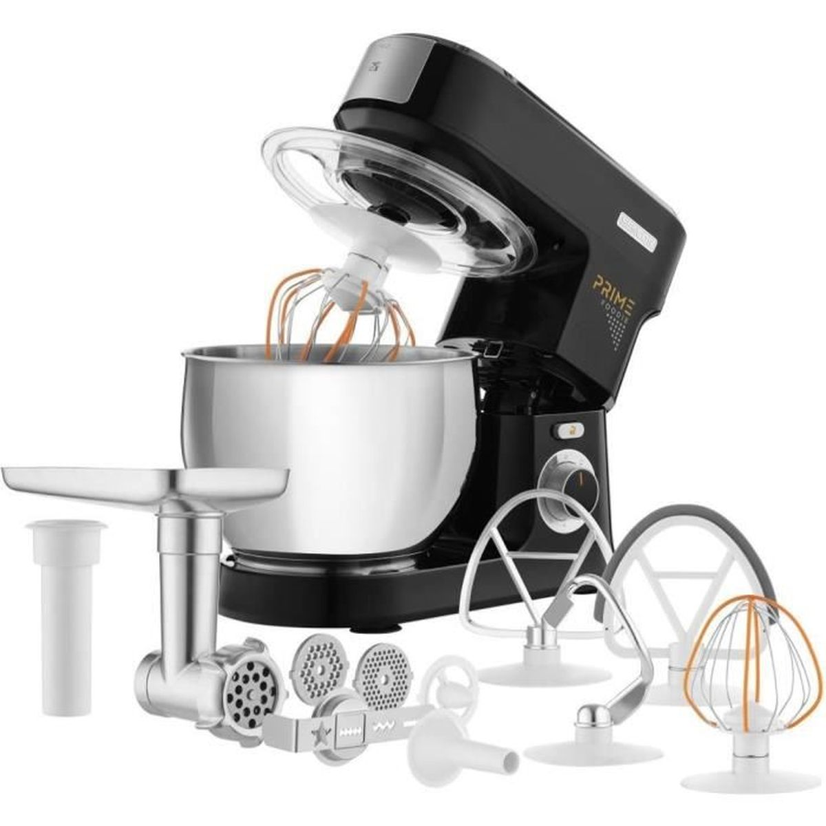 Czarny robot kuchenny ze stalową miską, maszynką do mięsa i różnymi końcówkami na białym tle.