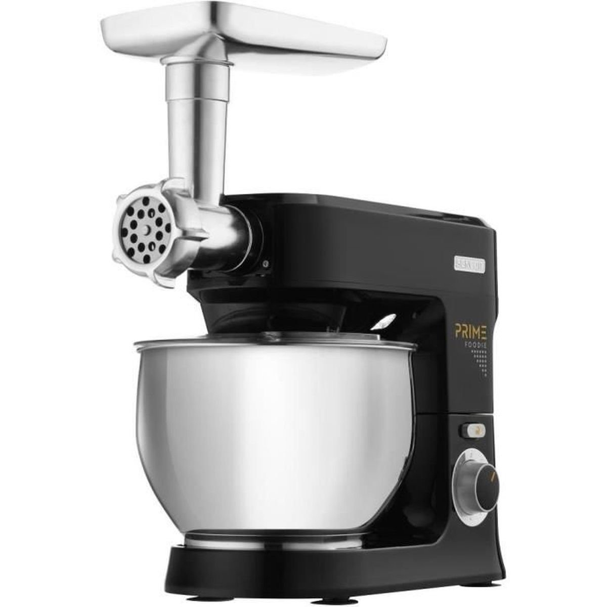 Czarny robot kuchenny z misą ze stali nierdzewnej i maszynką do mięsa.