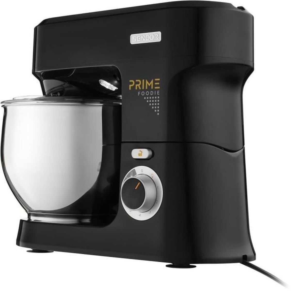 Czarny robot kuchenny Sencor Prime Foodie z miską ze stali nierdzewnej na białym tle.