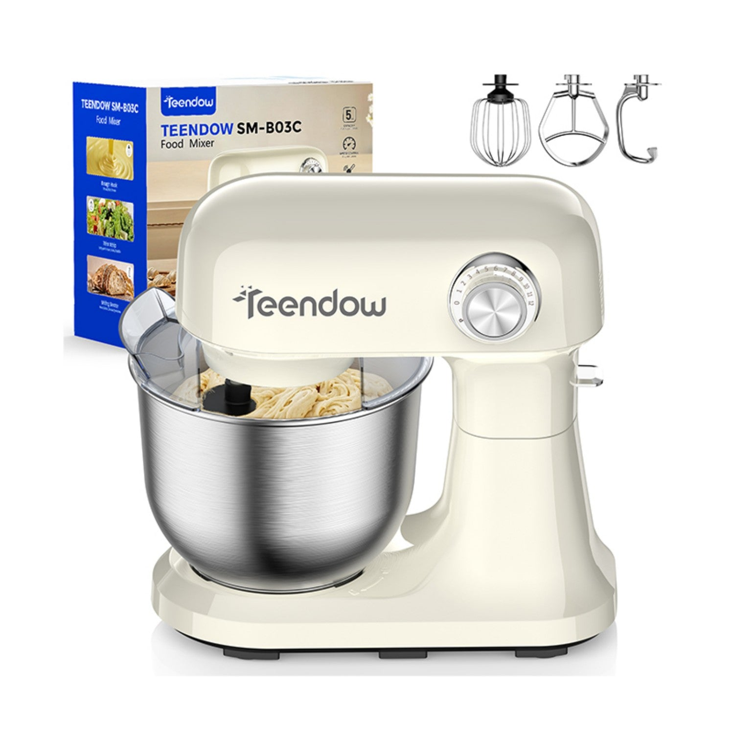 Impastatrice Teendow color crema con ciotola in acciaio, accessori e scatola.