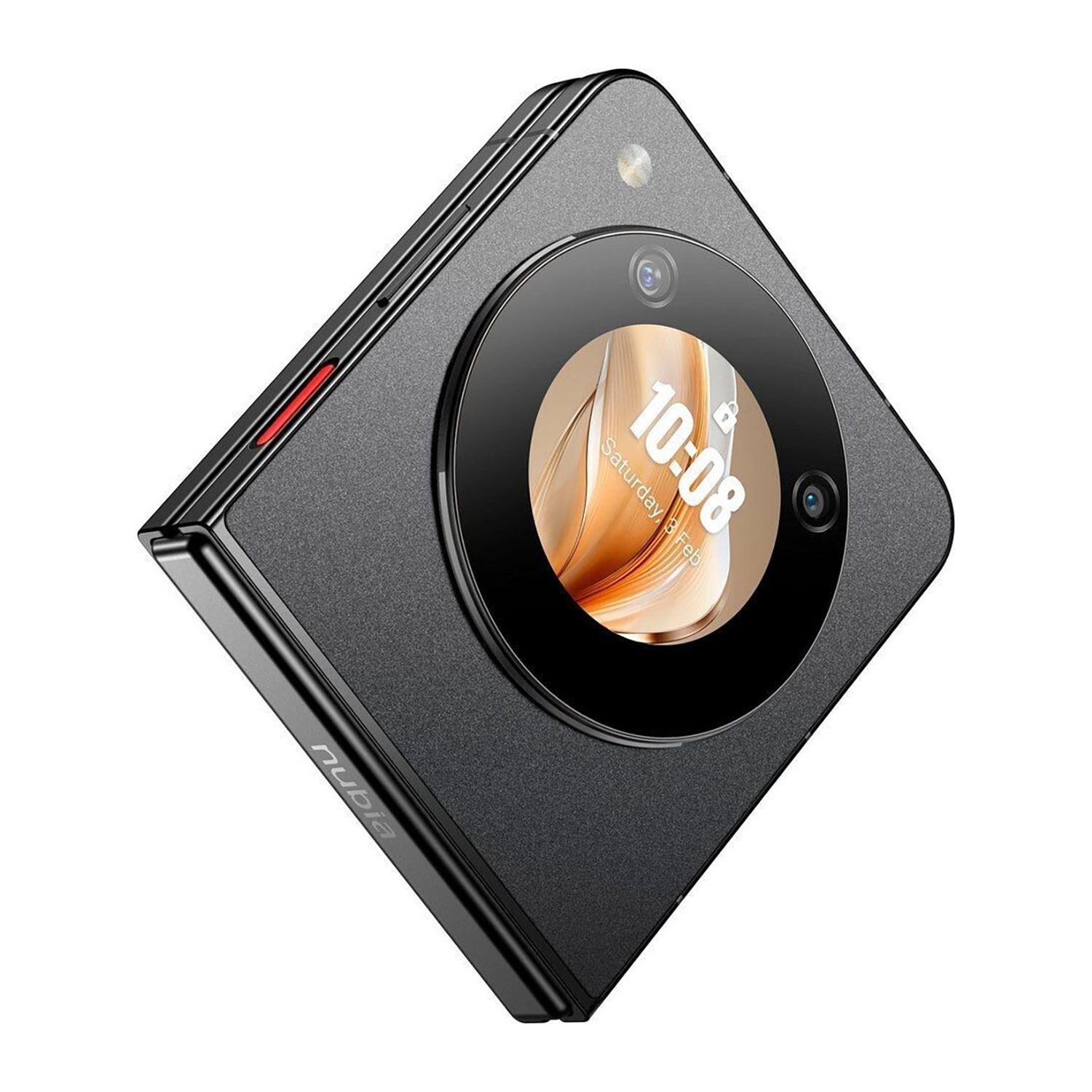 Un teléfono plegable Nubia negro con una pantalla externa redonda que muestra la hora.