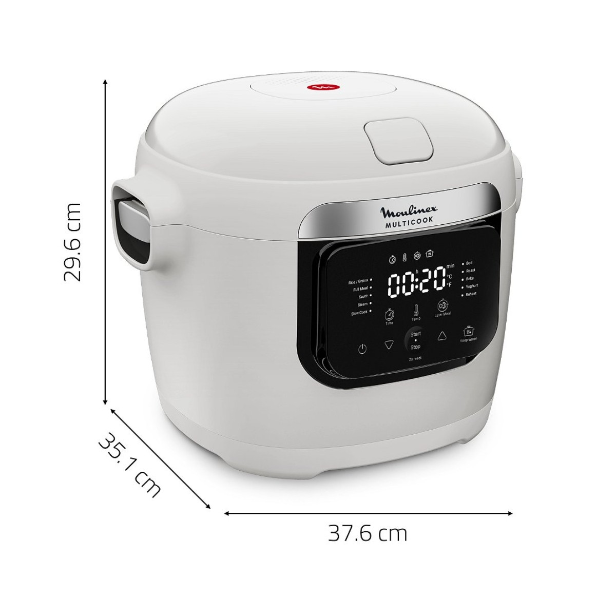 Multicooker Moulinex bianco con display digitale e linee di quota in cm.