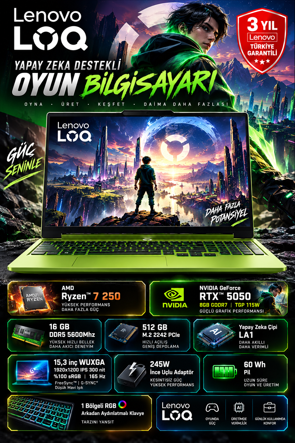 Özellikleri ve fütüristik arka planıyla Lenovo LOQ oyuncu bilgisayarı reklam afişi.