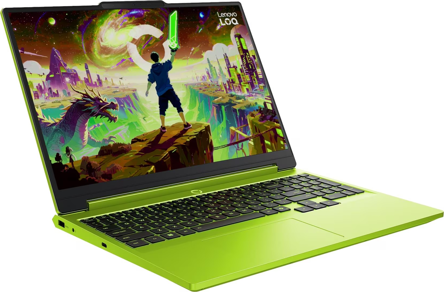 Parlak yeşil bir Lenovo LOQ dizüstü bilgisayar, karakter ve ejderha içeren fantastik bir duvar kağıdı gösteriyor.