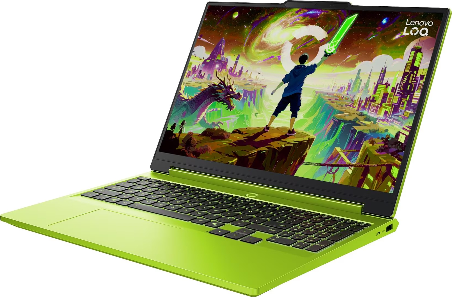 Parlak yeşil Lenovo LOQ dizüstü bilgisayar, ekranda ejderhalar ve savaşçı içeren bir fantezi duvar kağıdı gösteriyor.