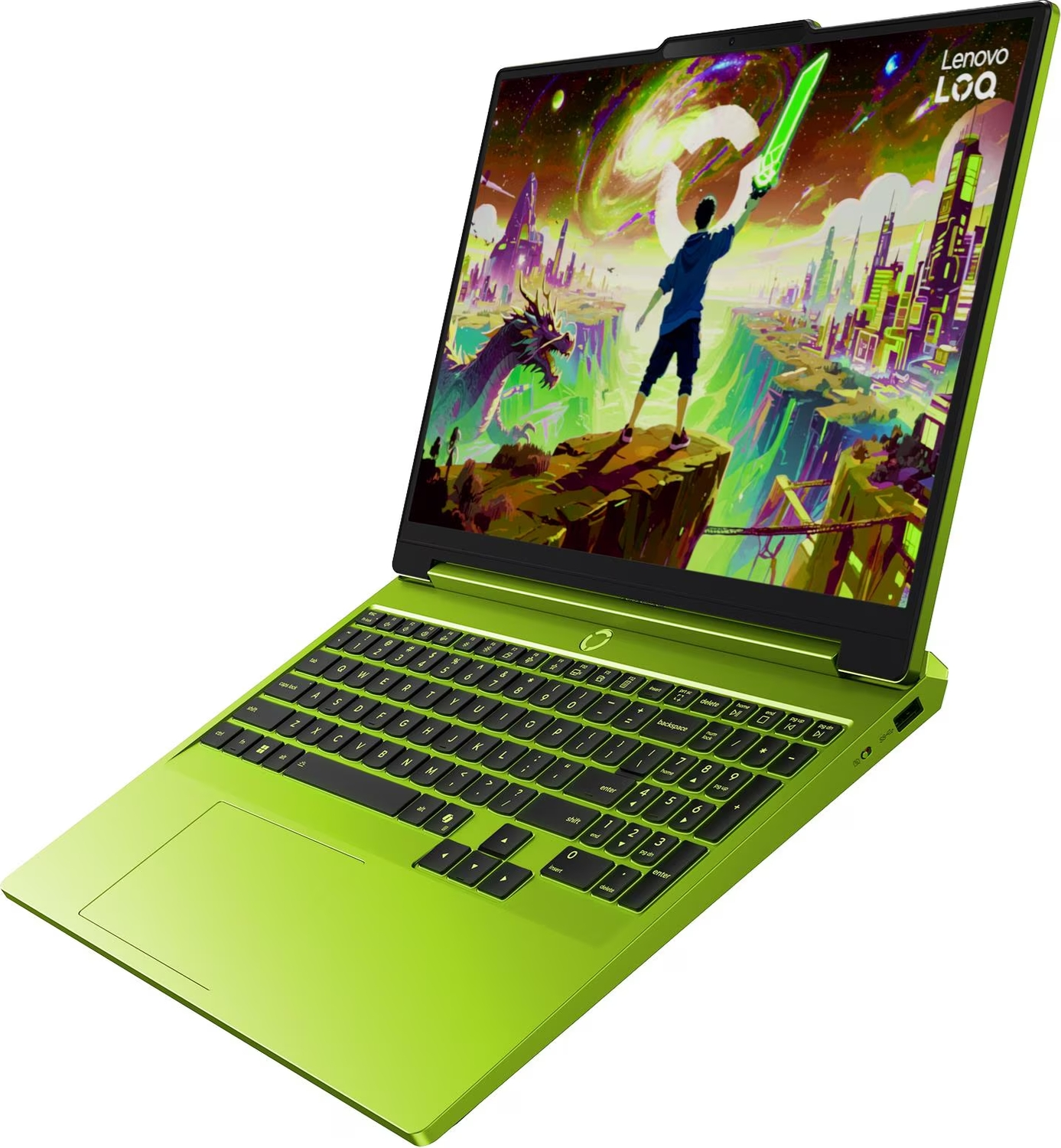 Canlı yeşil renkli bir Lenovo LOQ dizüstü bilgisayar, ekranda figür ve ejderha içeren fantezi duvar kağıdı gösteriyor.