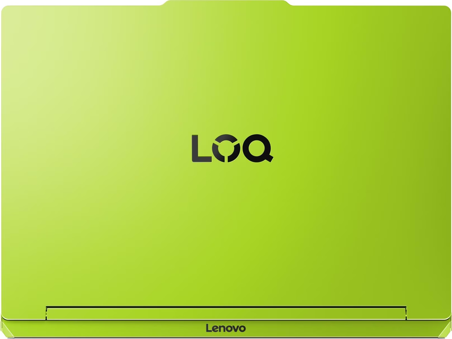 Siyah logolu, yukarıdan görülen limon yeşili bir Lenovo LOQ dizüstü bilgisayar kapağı.