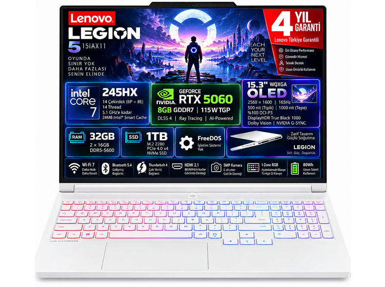 LENOVO Legion 5 15IAX11 RTX5060 8GB WQXGA 2560x1600 OLED 83VK005NTR Intel Core 7 245HX 32 GB RAM 1 TB SSD 15,3 inç FreeDOS Laptop Beyaz