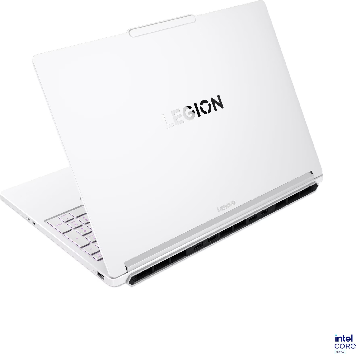 Beyaz arka planda arkadan görünen beyaz bir Lenovo Legion dizüstü bilgisayar, Legion logosunu gösteriyor.
