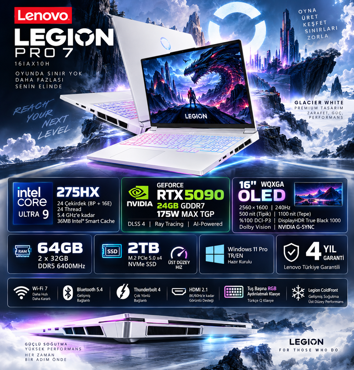 RTX 5090 ve Intel Core Ultra 9 özelliklerine sahip Lenovo Legion Pro 7 dizüstü bilgisayar reklamı.
