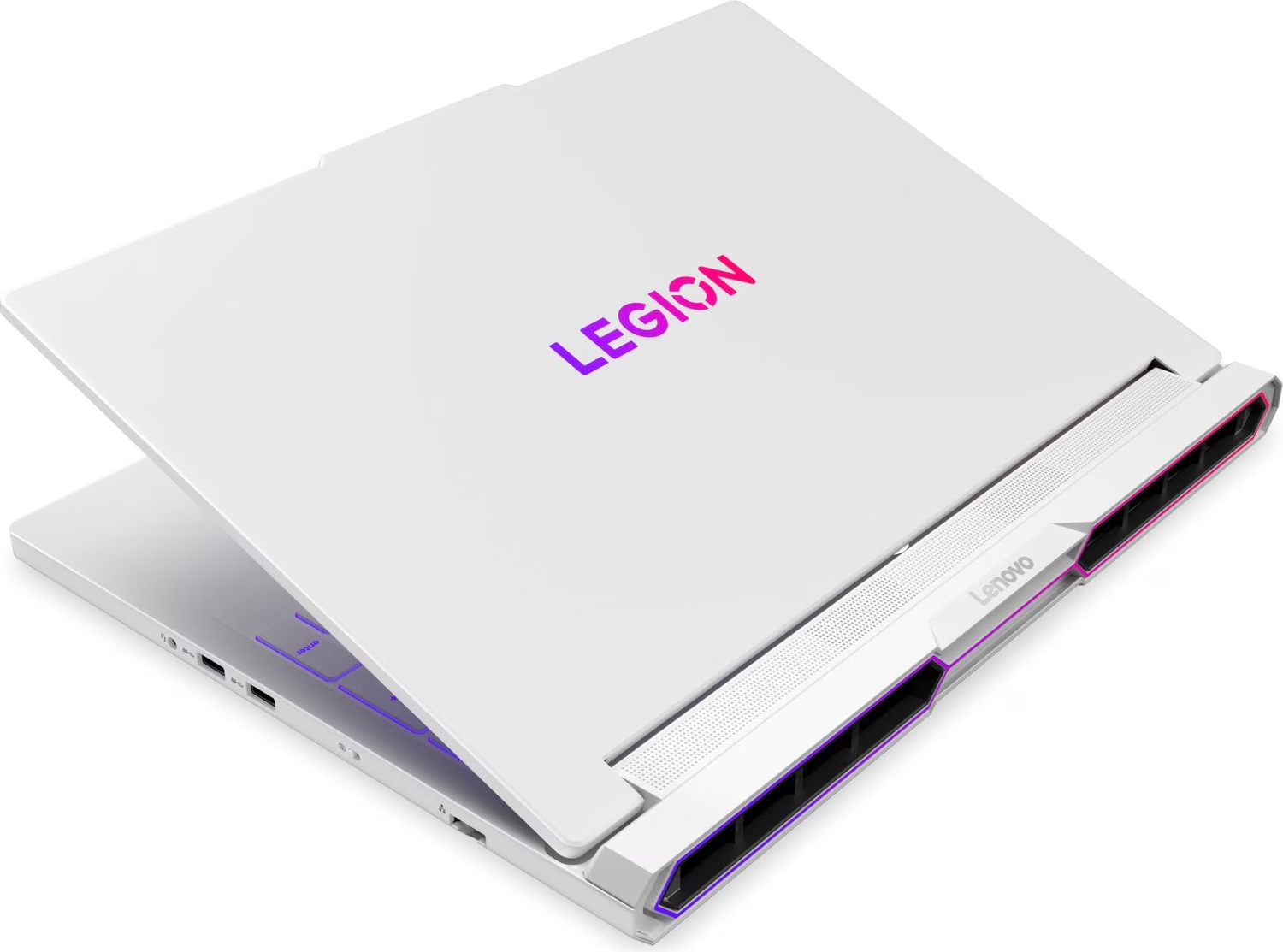 Beyaz arkaplanda renkli logolu beyaz bir Lenovo Legion dizüstü bilgisayar.
