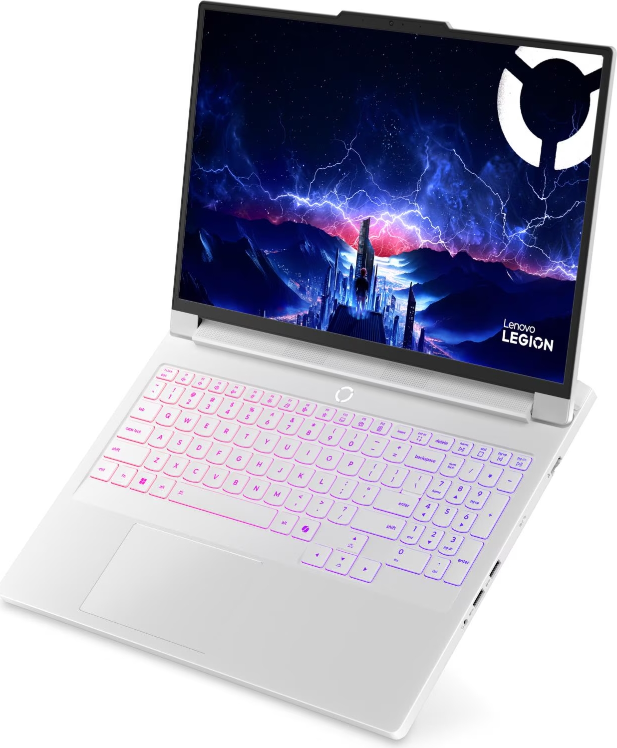 Arka aydınlatmalı klavyeye ve mavi şimşekli bir manzara gösteren ekrana sahip beyaz bir Lenovo Legion dizüstü bilgisayar.