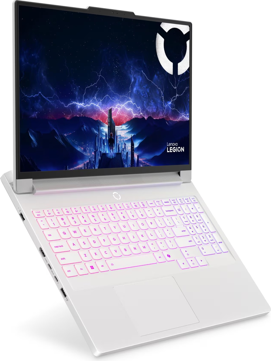 Arkadan aydınlatmalı klavyeye ve mavi ekrana sahip beyaz Lenovo Legion dizüstü bilgisayar.