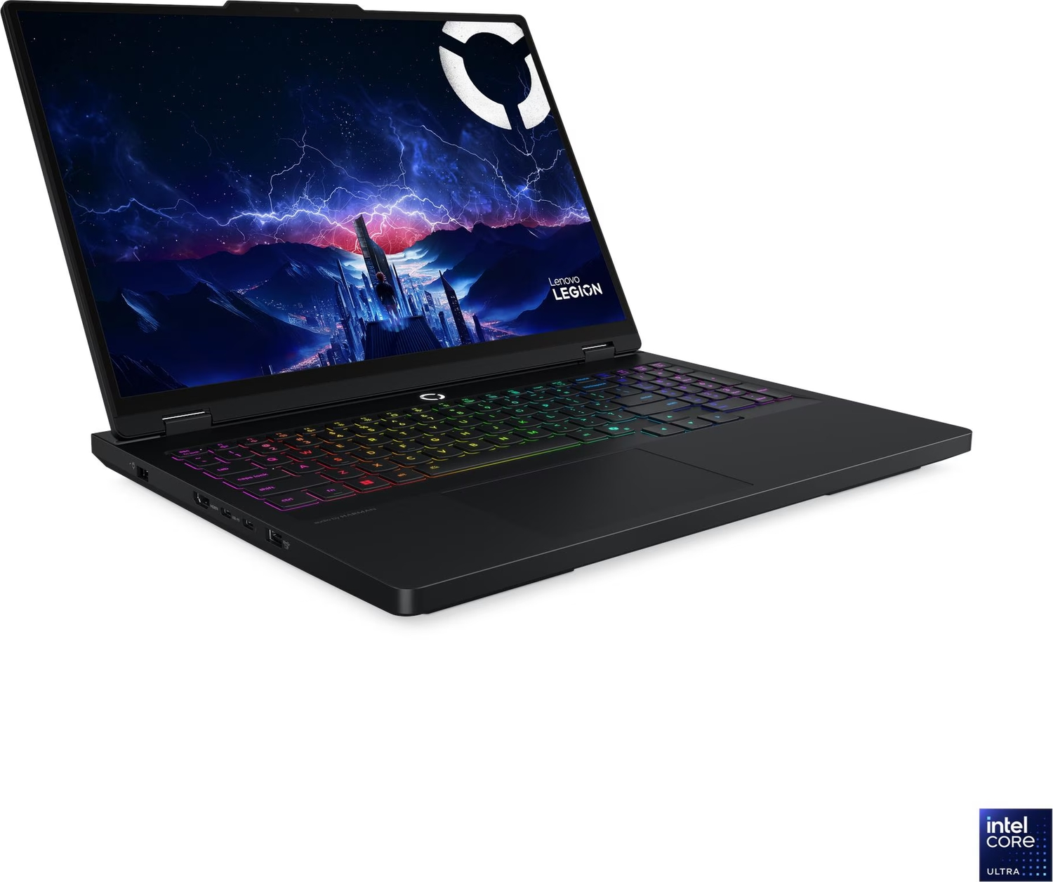 Aydınlatmalı klavyeye ve fütüristik ekran duvar kağıdına sahip siyah bir Lenovo Legion dizüstü bilgisayar.