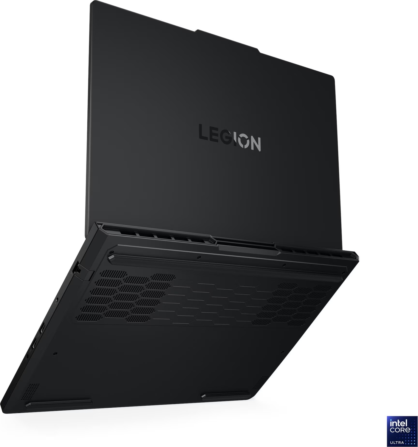 Logolu ve alt kasasında altıgen havalandırma delikleri olan siyah bir Lenovo Legion dizüstü bilgisayar.