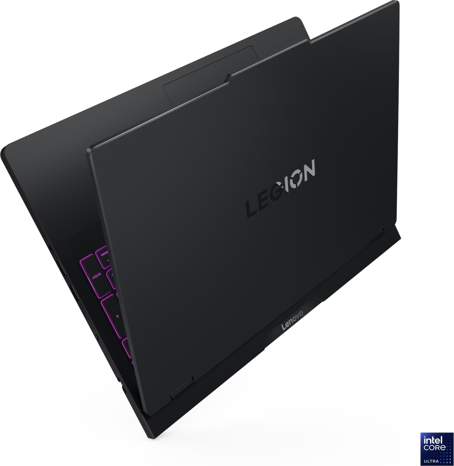 Beyaz arka planda arkadan aydınlatmalı klavyeye sahip kapalı siyah Lenovo Legion dizüstü bilgisayar.